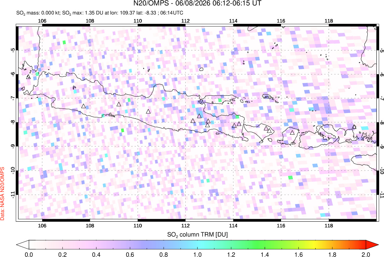 A sulfur dioxide image over Java, Indonesia on Jun 08, 2026.