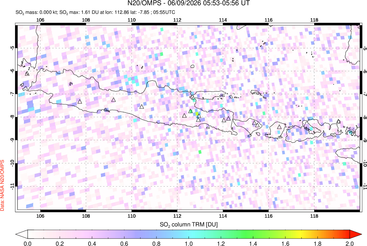 A sulfur dioxide image over Java, Indonesia on Jun 09, 2026.