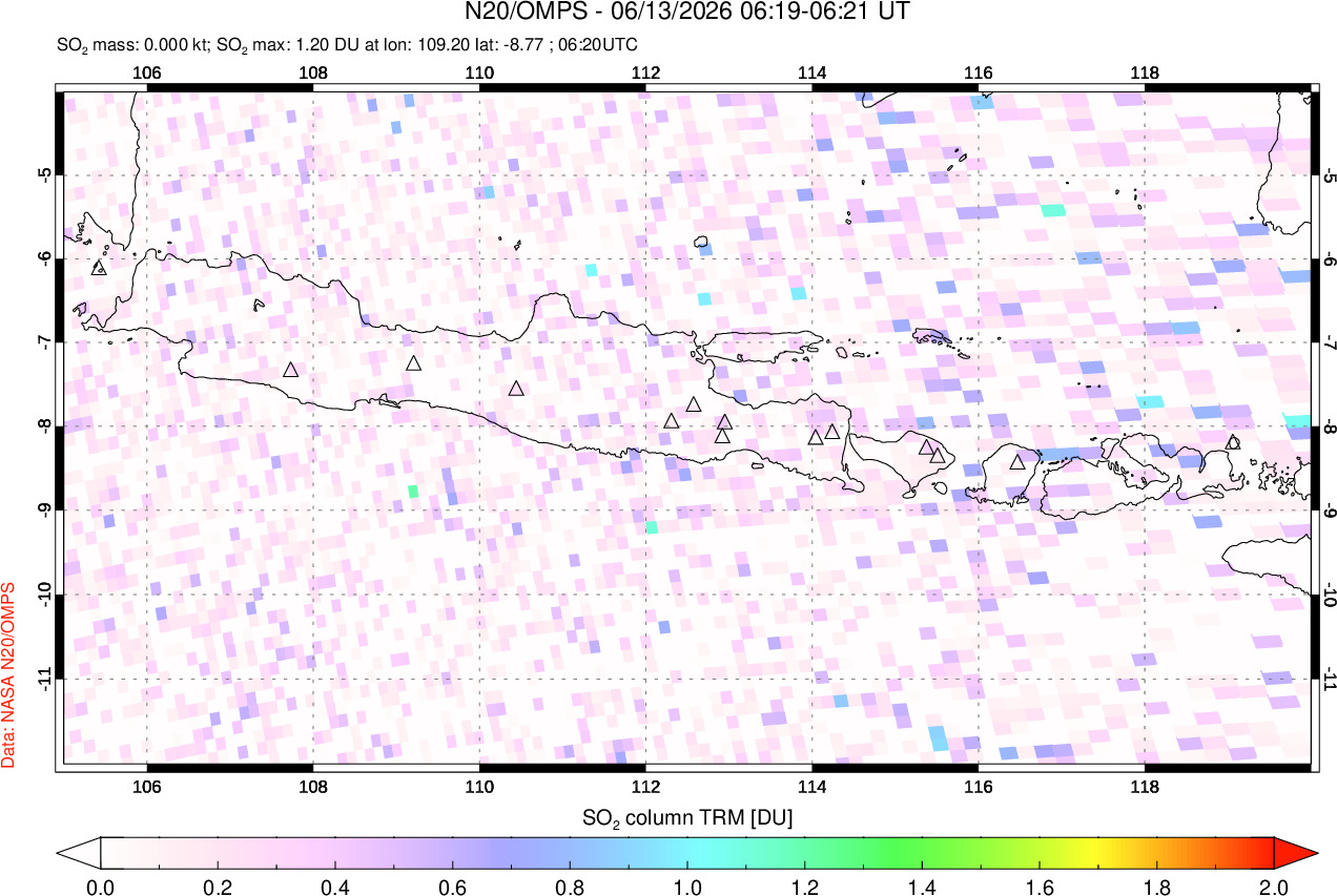 A sulfur dioxide image over Java, Indonesia on Jun 13, 2026.