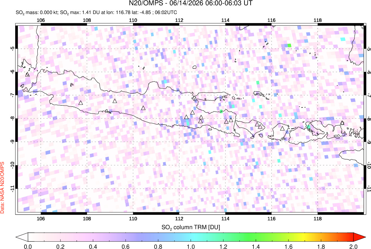 A sulfur dioxide image over Java, Indonesia on Jun 14, 2026.