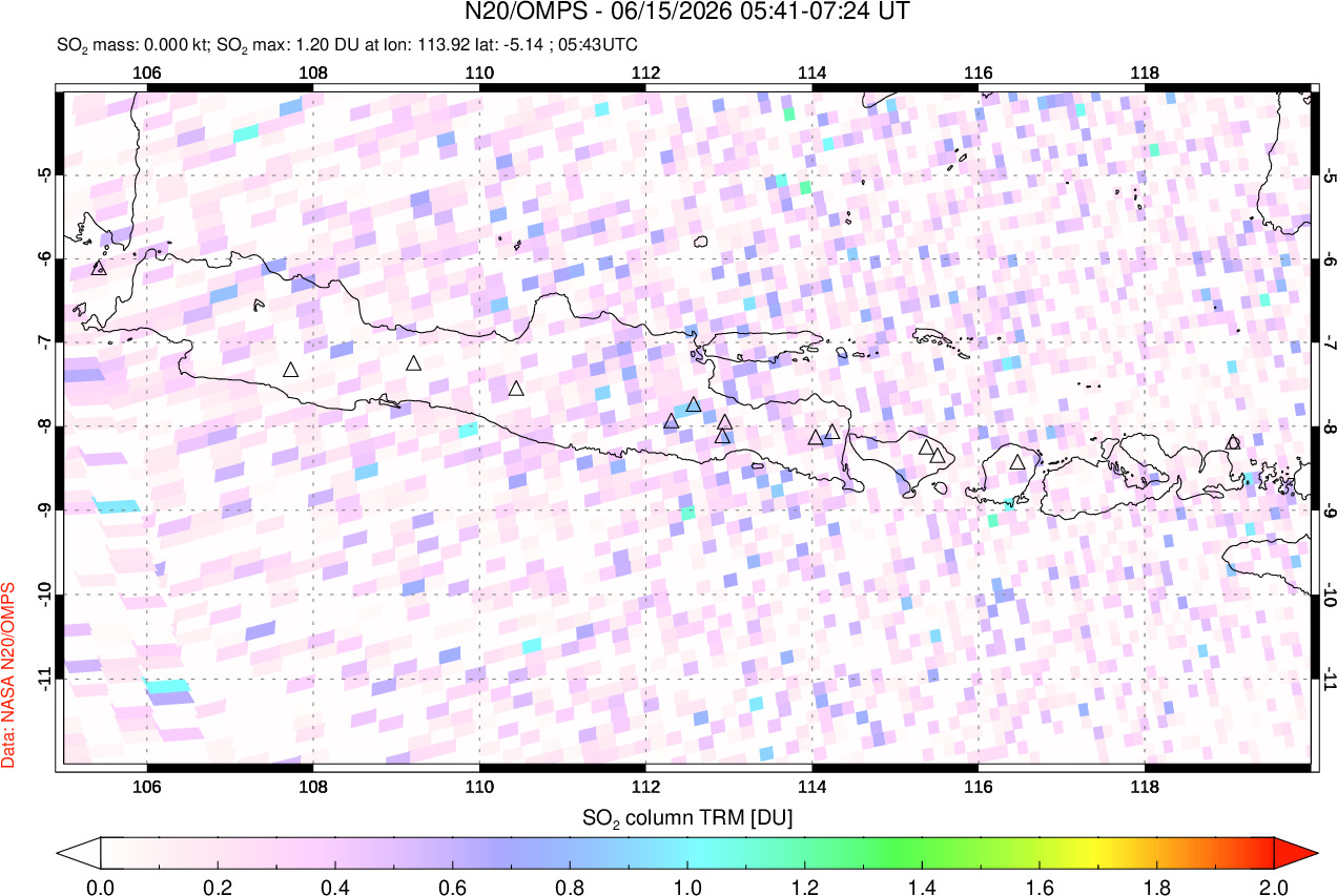 A sulfur dioxide image over Java, Indonesia on Jun 15, 2026.