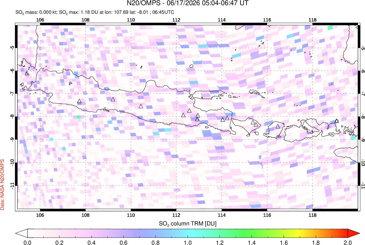 A sulfur dioxide image over Java, Indonesia on Jun 17, 2026.
