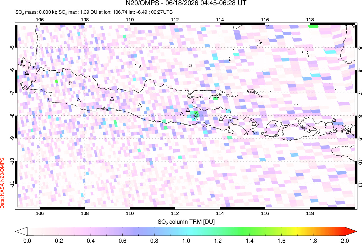 A sulfur dioxide image over Java, Indonesia on Jun 18, 2026.