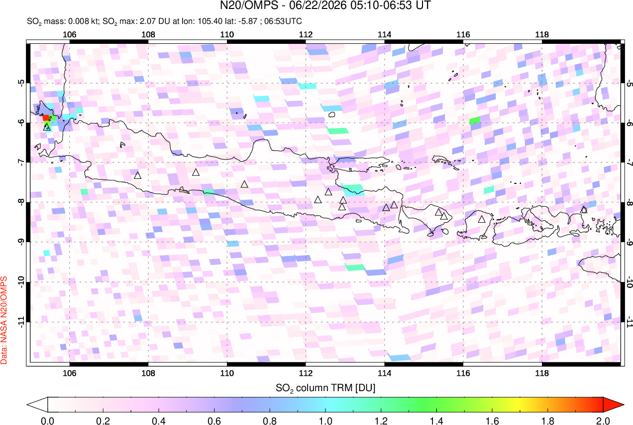 A sulfur dioxide image over Java, Indonesia on Jun 22, 2026.