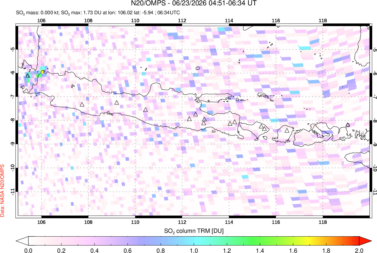 A sulfur dioxide image over Java, Indonesia on Jun 23, 2026.