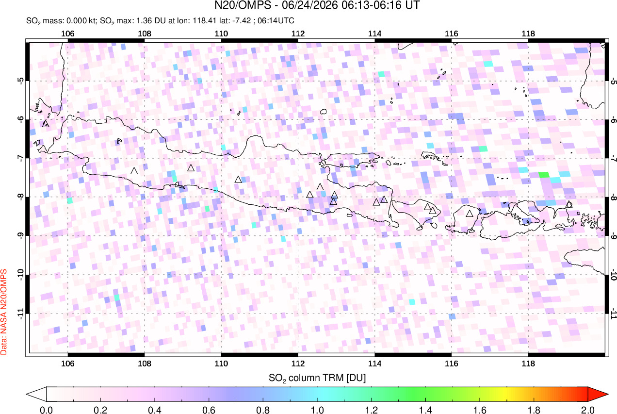 A sulfur dioxide image over Java, Indonesia on Jun 24, 2026.