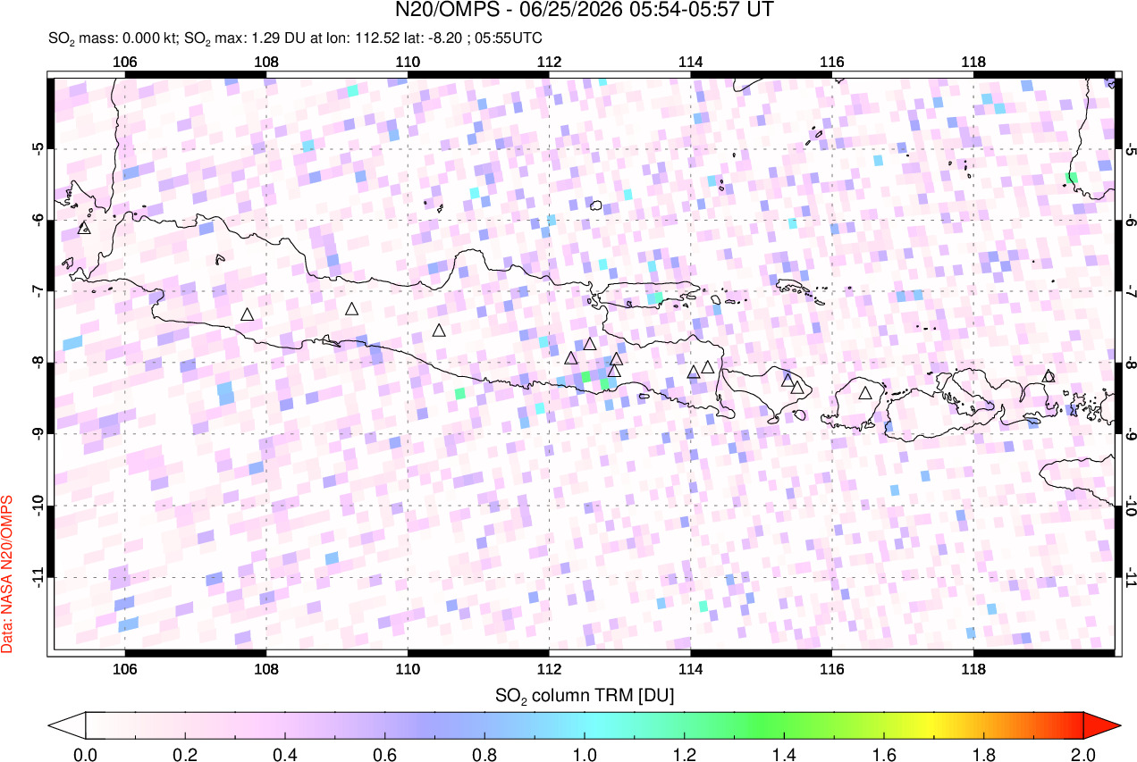 A sulfur dioxide image over Java, Indonesia on Jun 25, 2026.