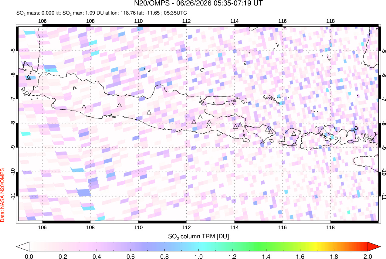 A sulfur dioxide image over Java, Indonesia on Jun 26, 2026.