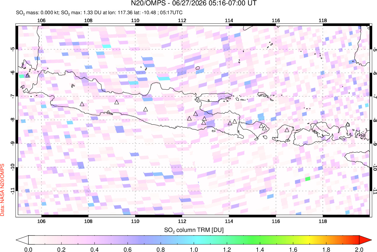A sulfur dioxide image over Java, Indonesia on Jun 27, 2026.