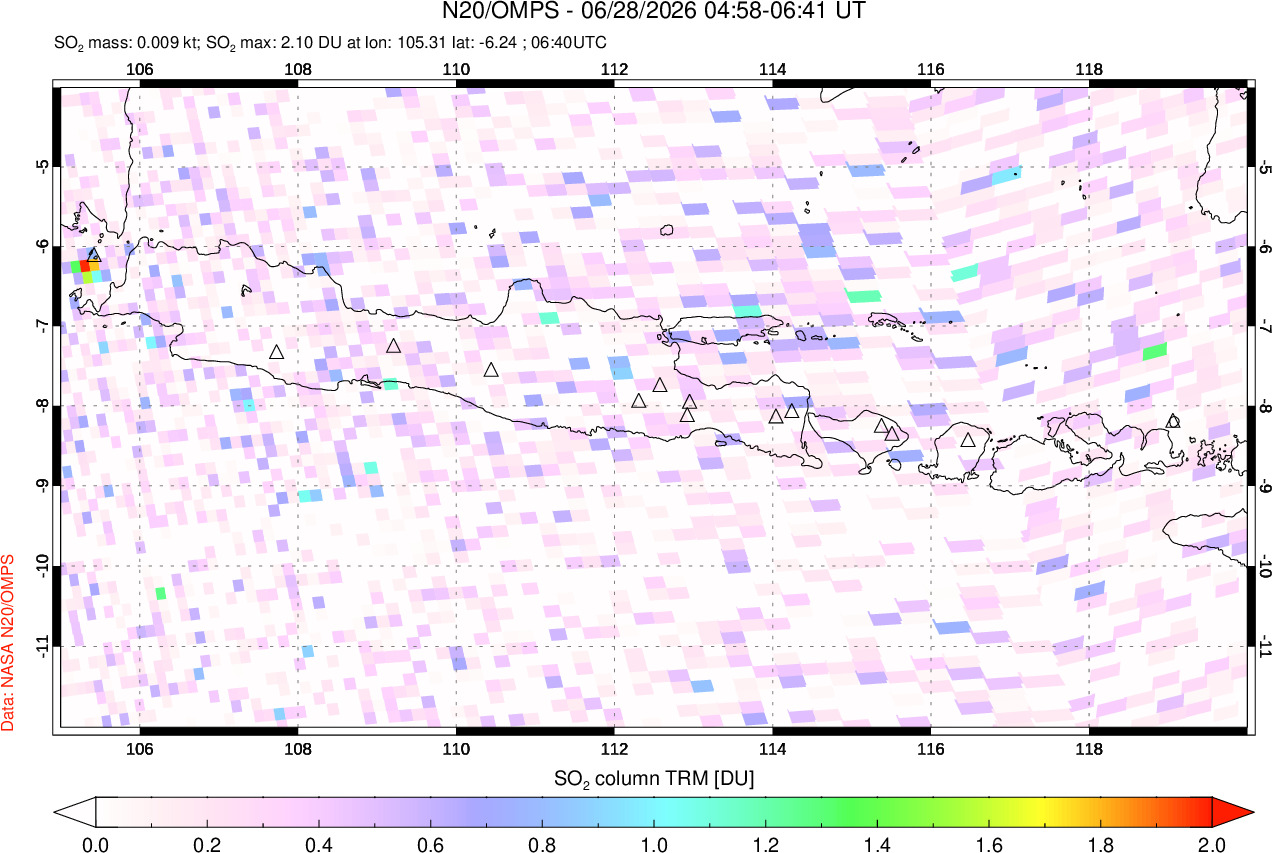 A sulfur dioxide image over Java, Indonesia on Jun 28, 2026.
