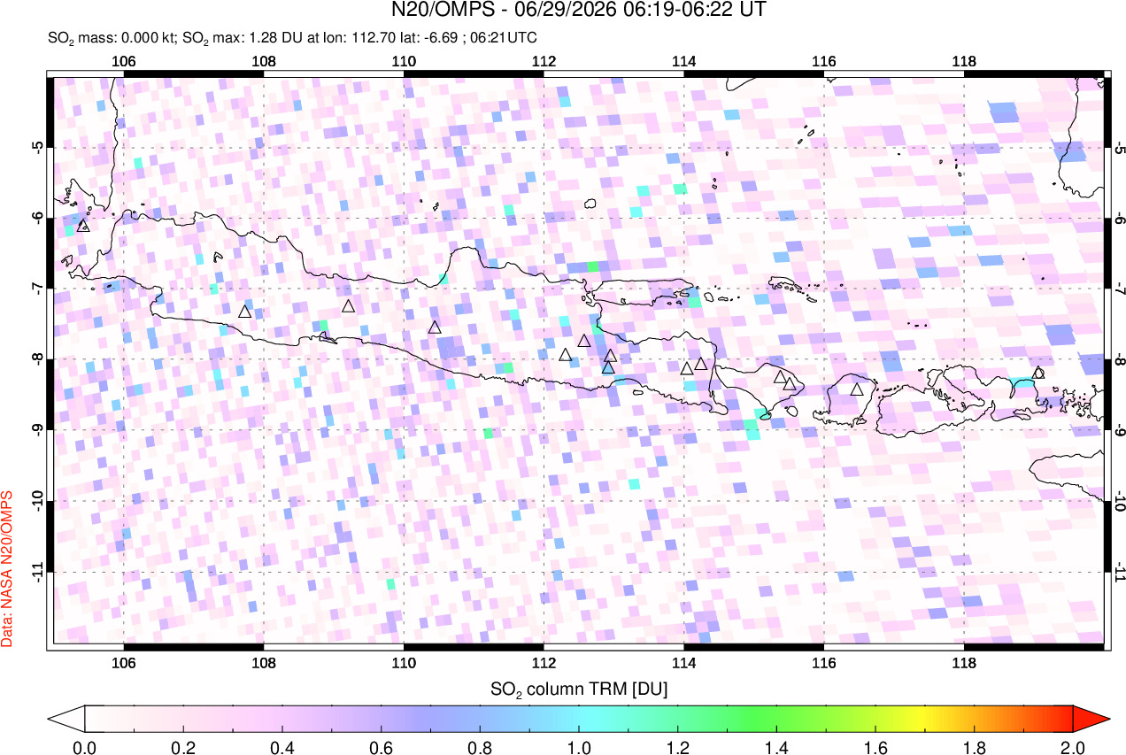 A sulfur dioxide image over Java, Indonesia on Jun 29, 2026.