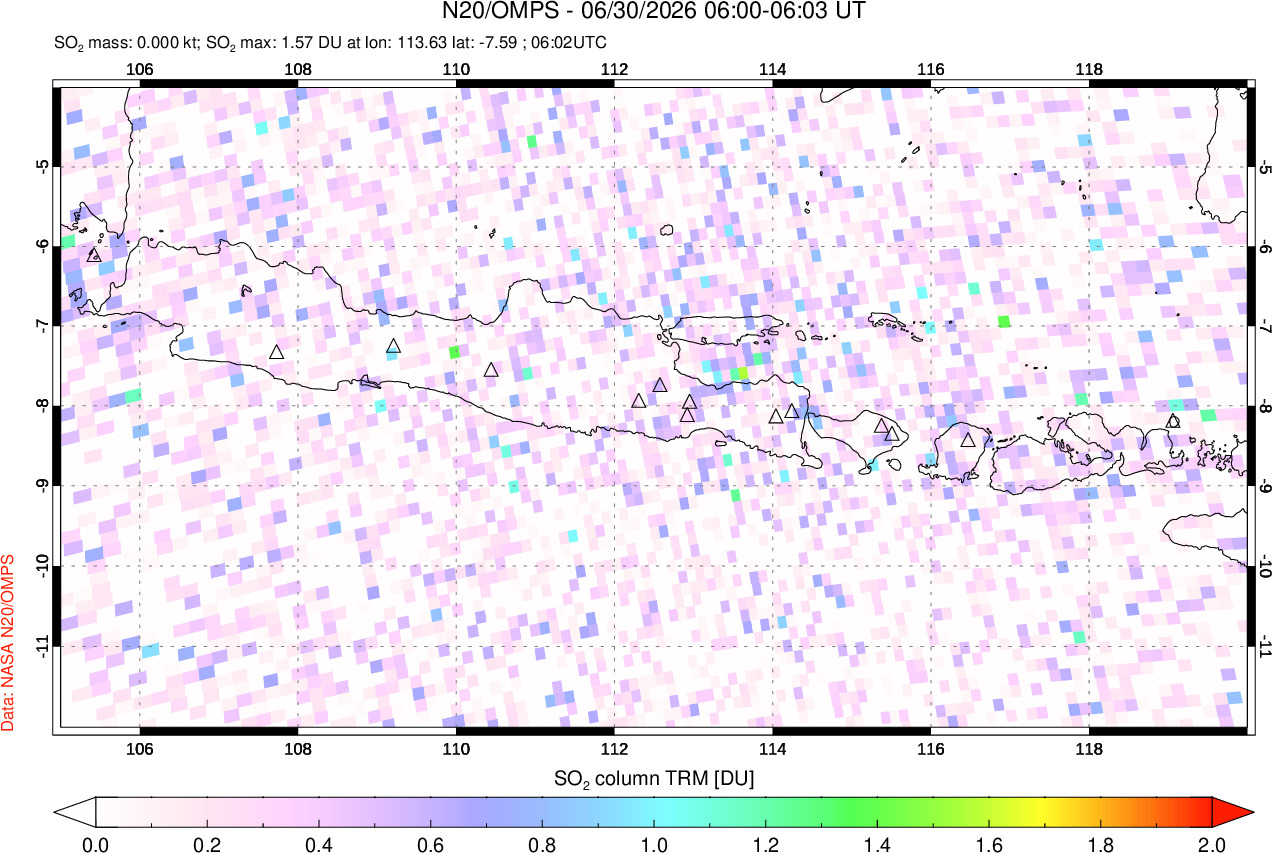 A sulfur dioxide image over Java, Indonesia on Jun 30, 2026.