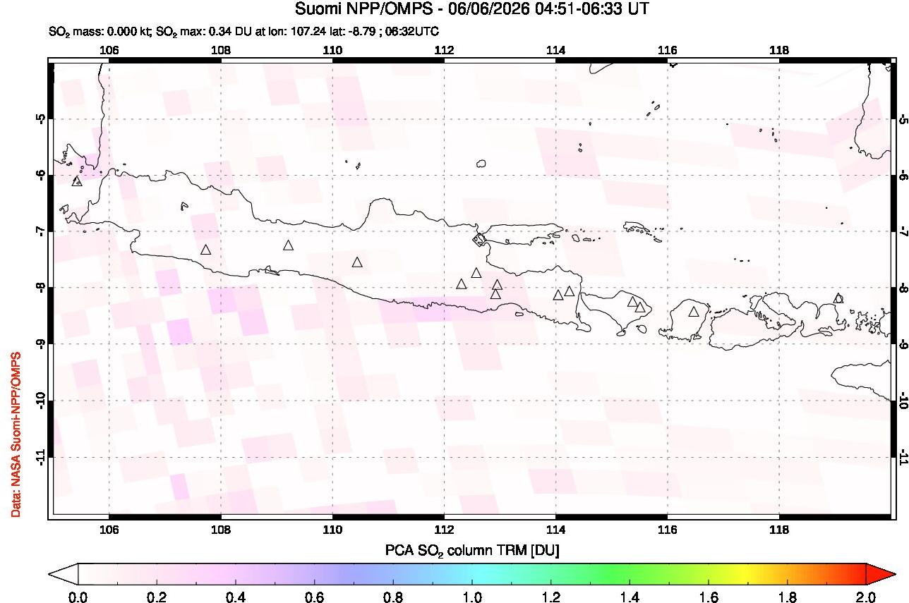 A sulfur dioxide image over Java, Indonesia on Jun 06, 2026.