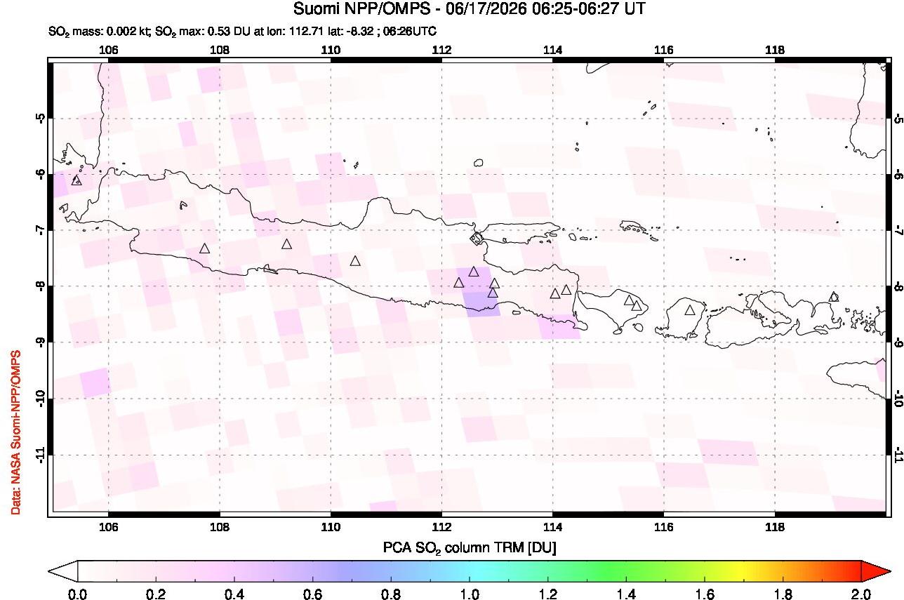 A sulfur dioxide image over Java, Indonesia on Jun 17, 2026.