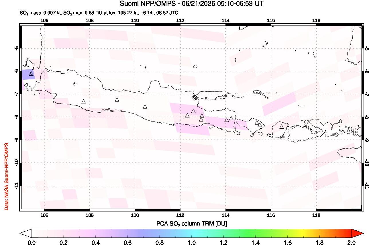A sulfur dioxide image over Java, Indonesia on Jun 21, 2026.