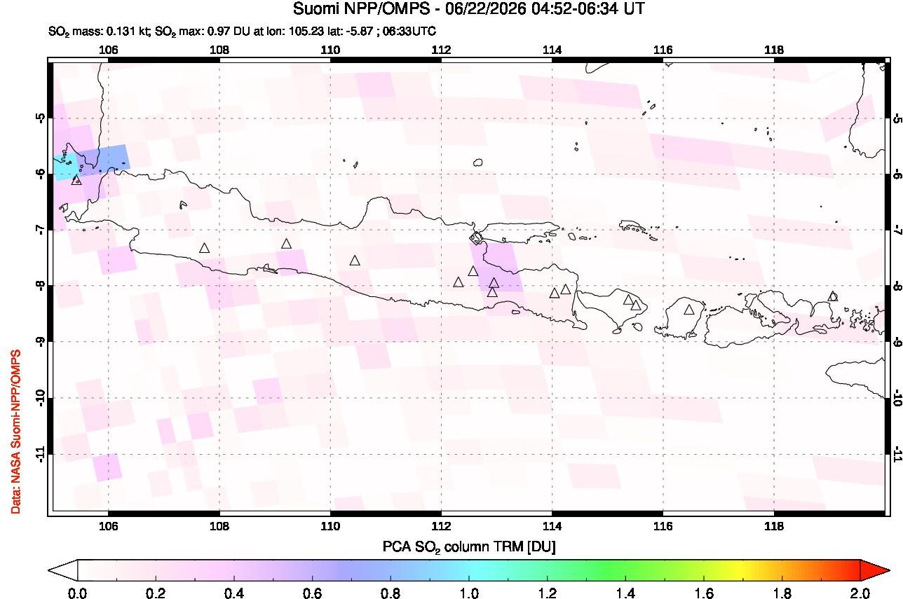 A sulfur dioxide image over Java, Indonesia on Jun 22, 2026.