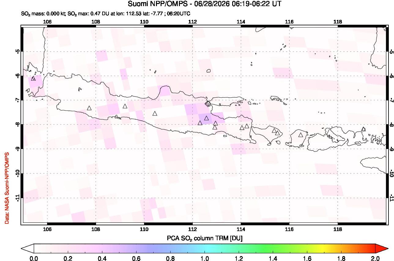 A sulfur dioxide image over Java, Indonesia on Jun 28, 2026.