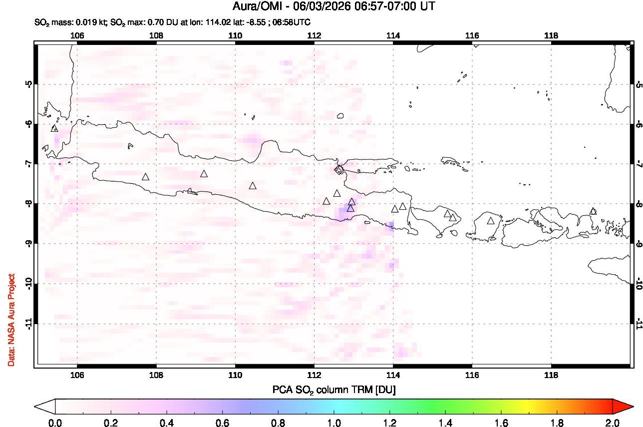 A sulfur dioxide image over Java, Indonesia on Jun 03, 2026.