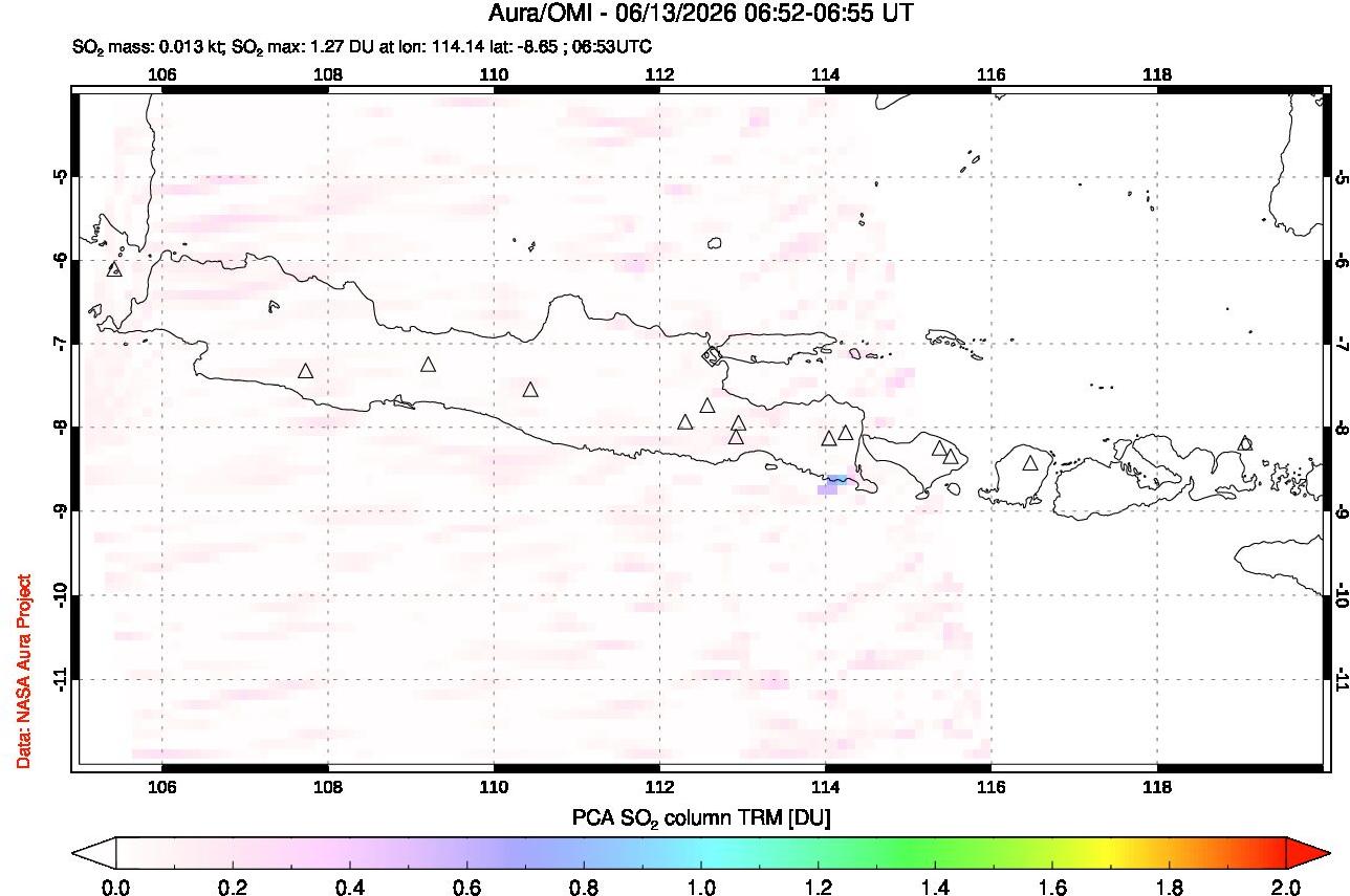 A sulfur dioxide image over Java, Indonesia on Jun 13, 2026.