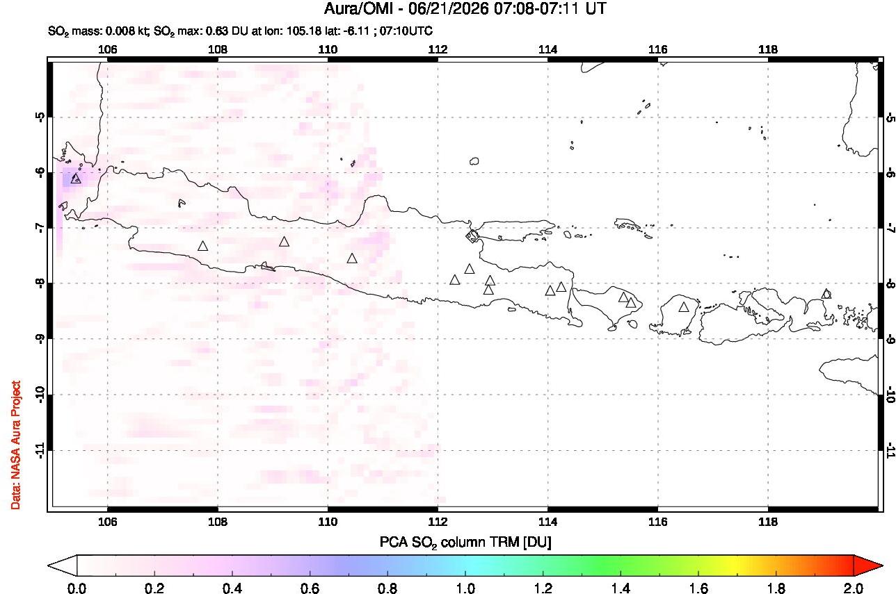 A sulfur dioxide image over Java, Indonesia on Jun 21, 2026.