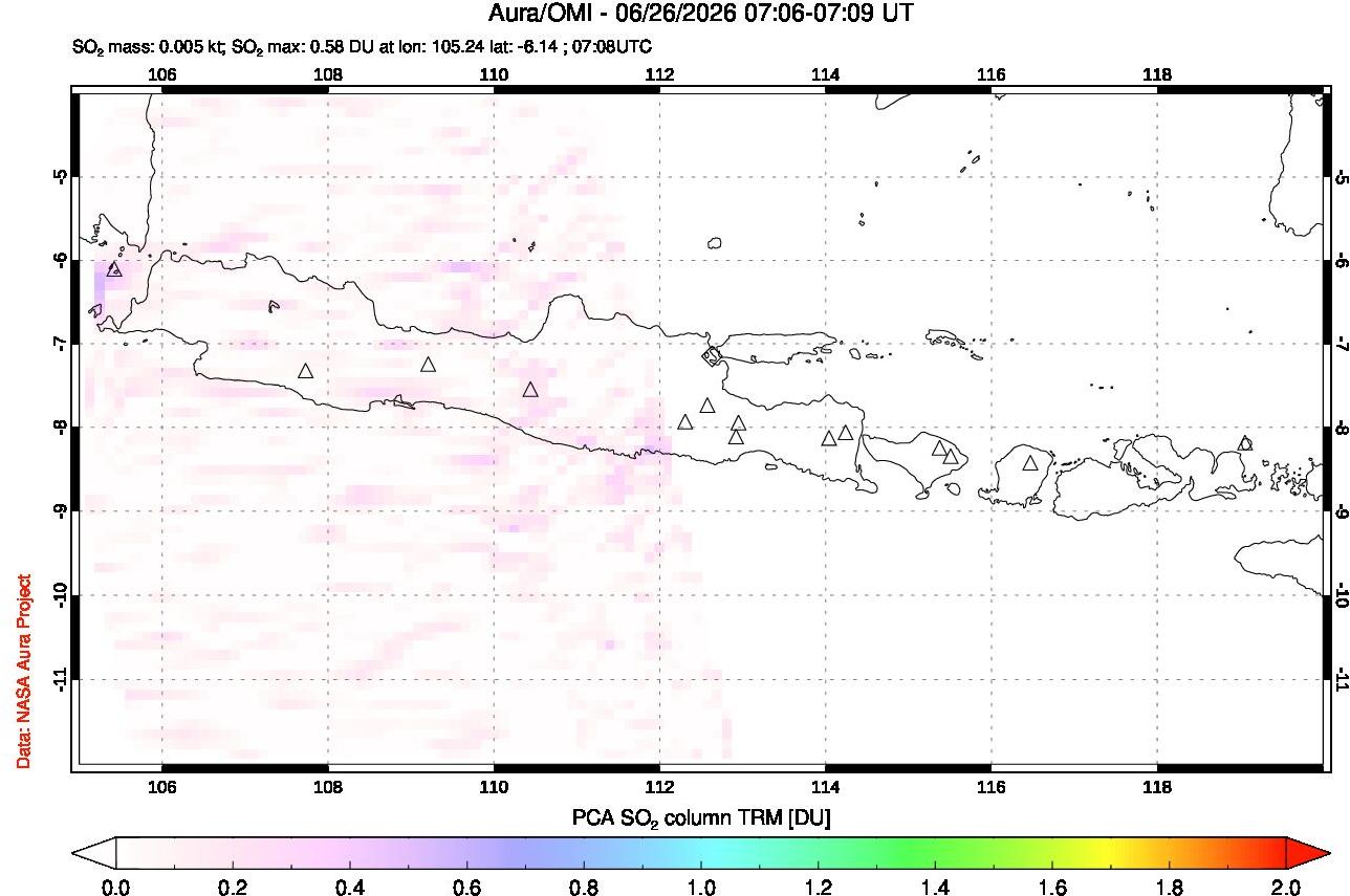 A sulfur dioxide image over Java, Indonesia on Jun 26, 2026.