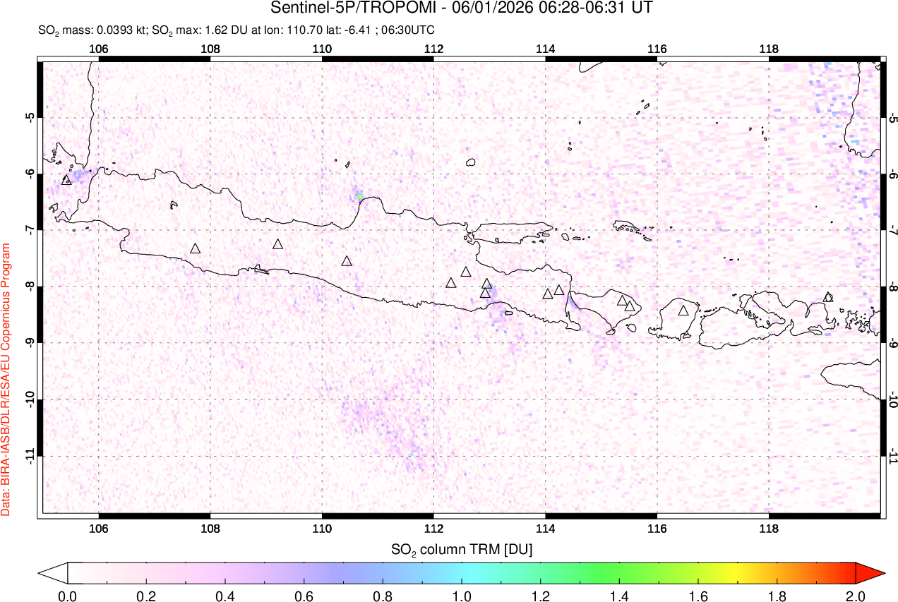 A sulfur dioxide image over Java, Indonesia on Jun 01, 2026.