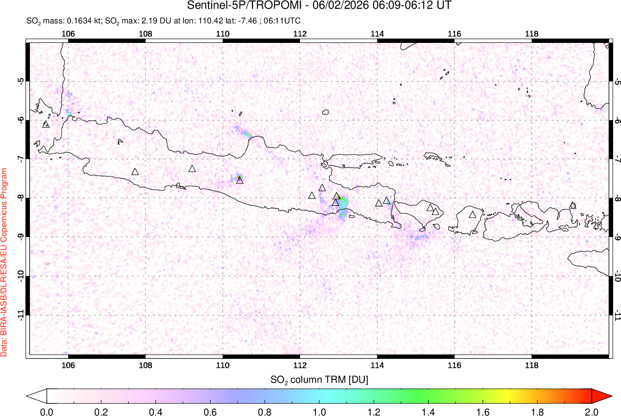 A sulfur dioxide image over Java, Indonesia on Jun 02, 2026.