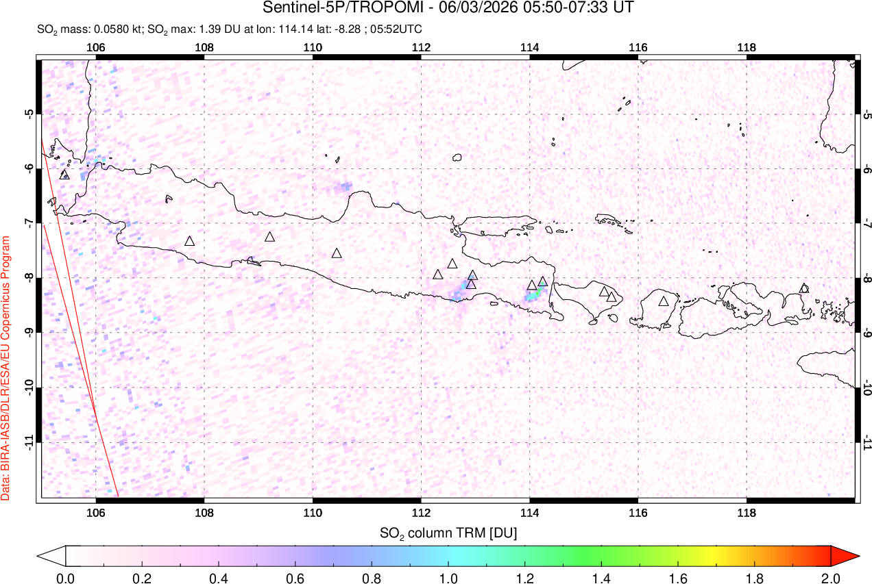 A sulfur dioxide image over Java, Indonesia on Jun 03, 2026.