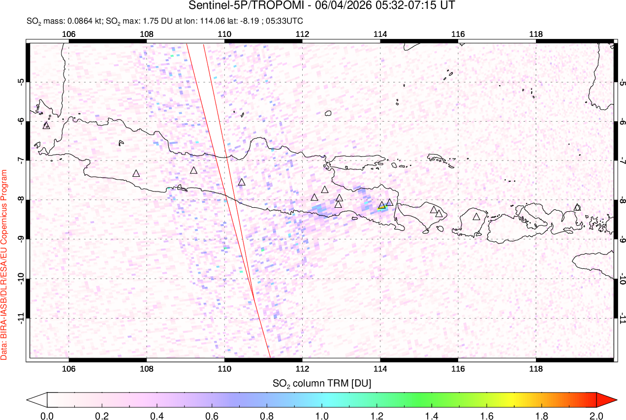 A sulfur dioxide image over Java, Indonesia on Jun 04, 2026.