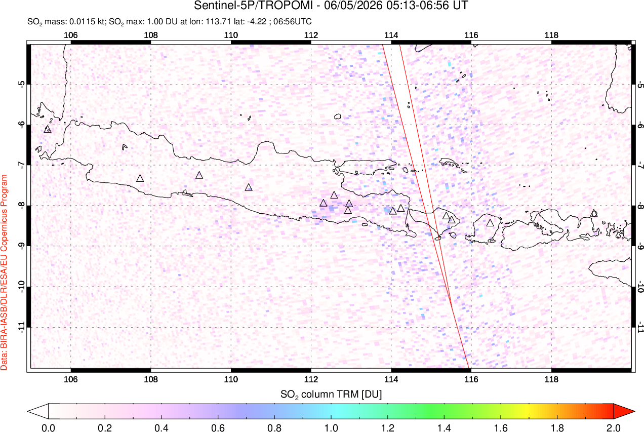 A sulfur dioxide image over Java, Indonesia on Jun 05, 2026.
