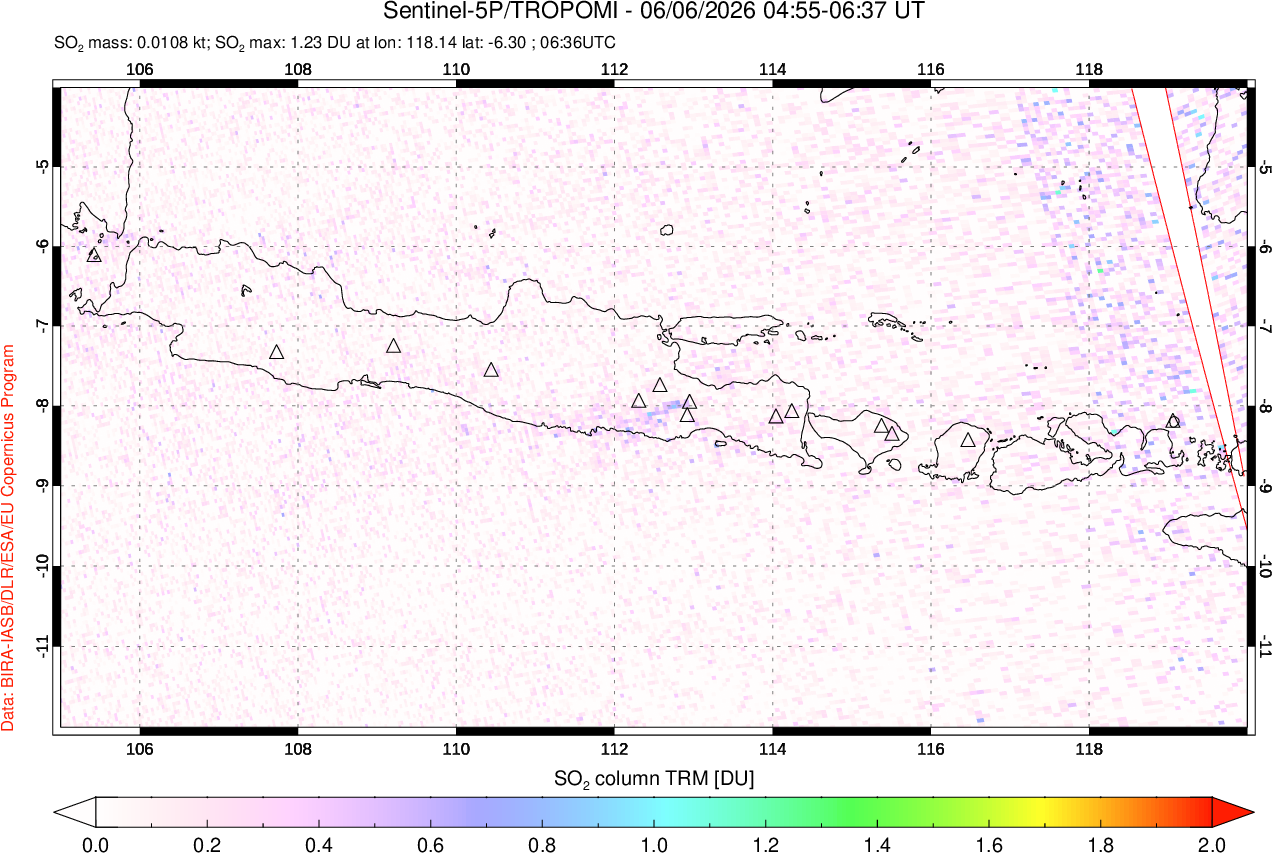 A sulfur dioxide image over Java, Indonesia on Jun 06, 2026.