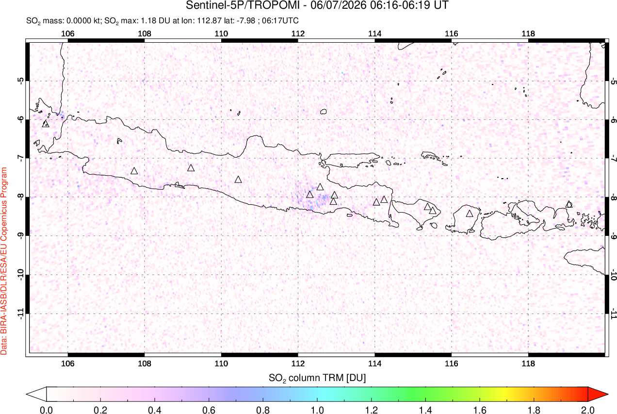 A sulfur dioxide image over Java, Indonesia on Jun 07, 2026.