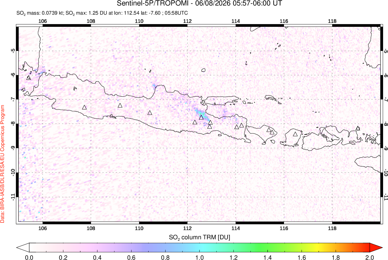 A sulfur dioxide image over Java, Indonesia on Jun 08, 2026.