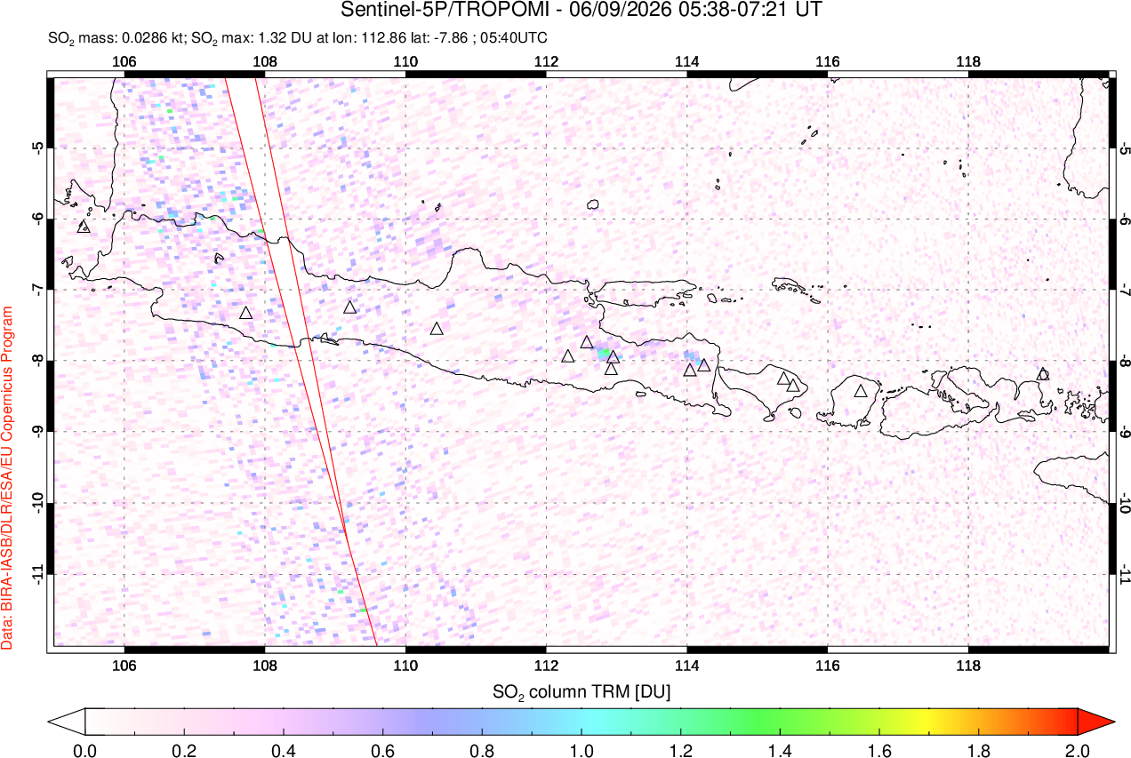 A sulfur dioxide image over Java, Indonesia on Jun 09, 2026.