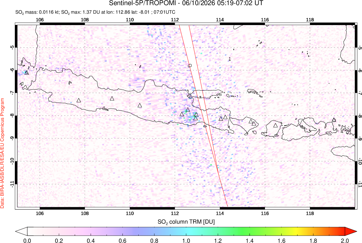 A sulfur dioxide image over Java, Indonesia on Jun 10, 2026.