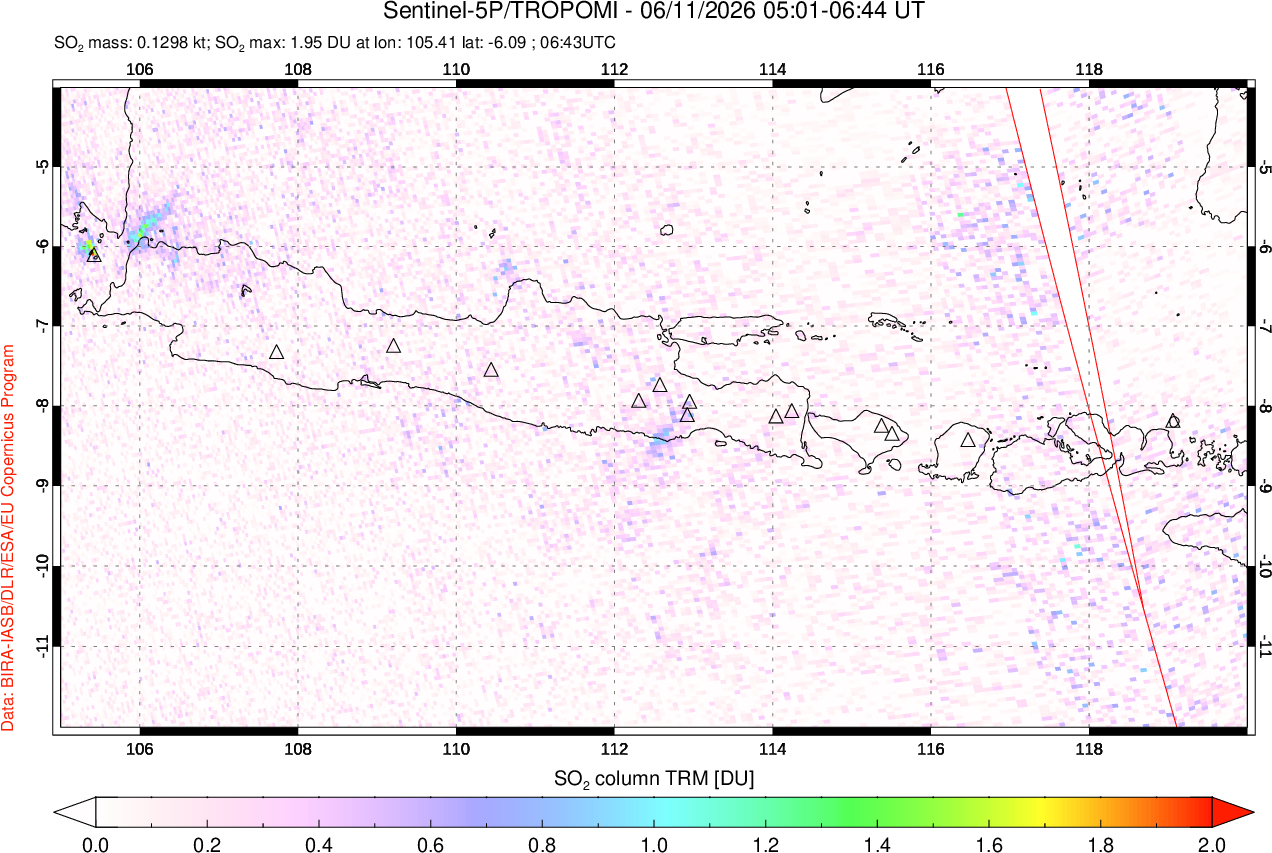 A sulfur dioxide image over Java, Indonesia on Jun 11, 2026.