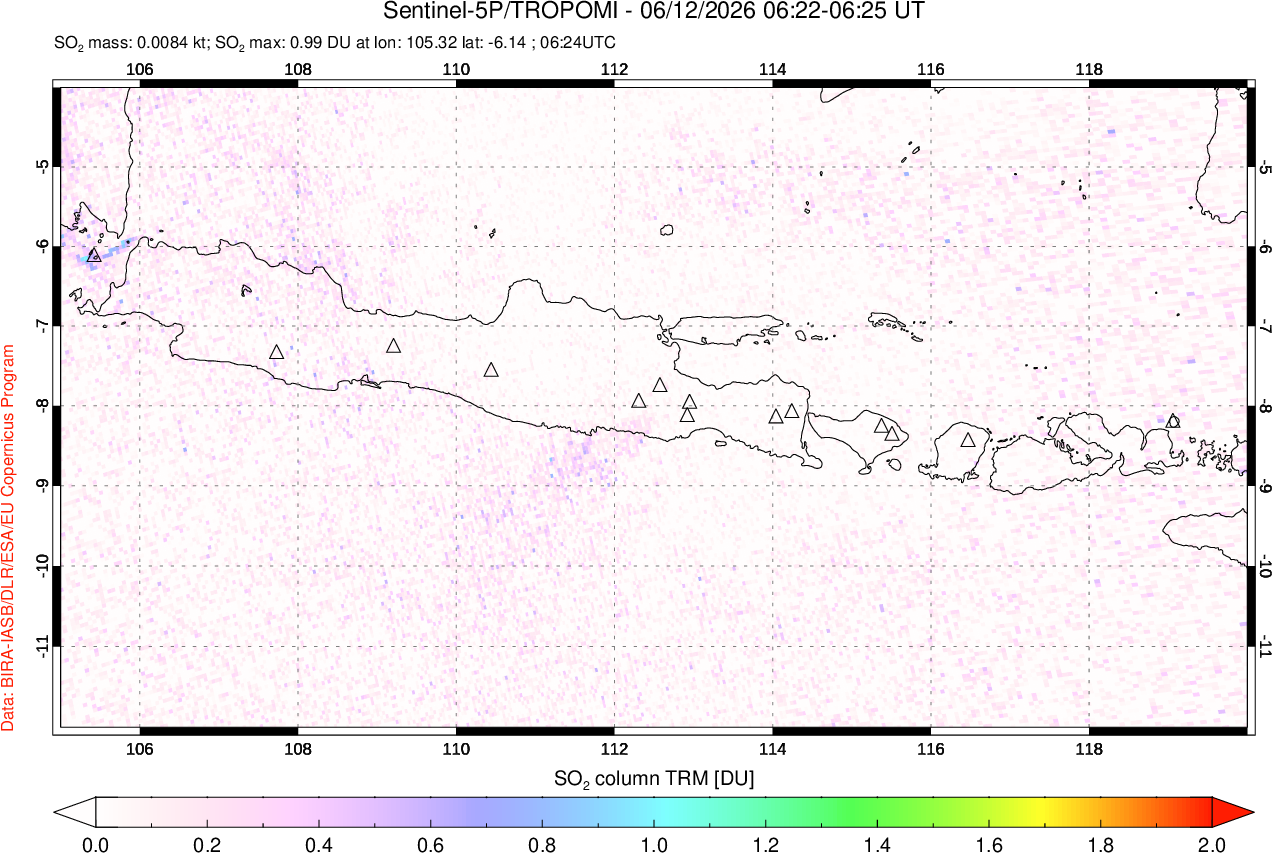 A sulfur dioxide image over Java, Indonesia on Jun 12, 2026.