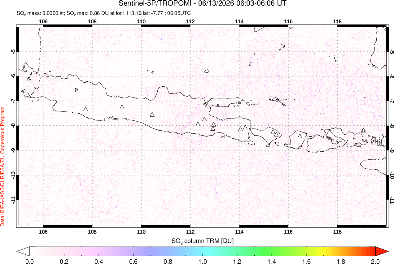 A sulfur dioxide image over Java, Indonesia on Jun 13, 2026.
