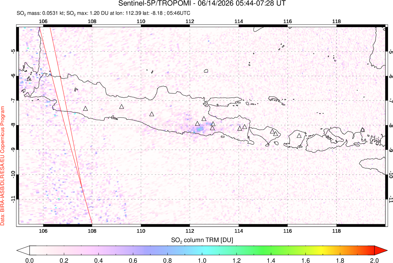 A sulfur dioxide image over Java, Indonesia on Jun 14, 2026.