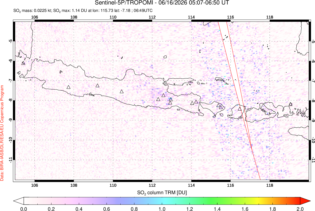A sulfur dioxide image over Java, Indonesia on Jun 16, 2026.