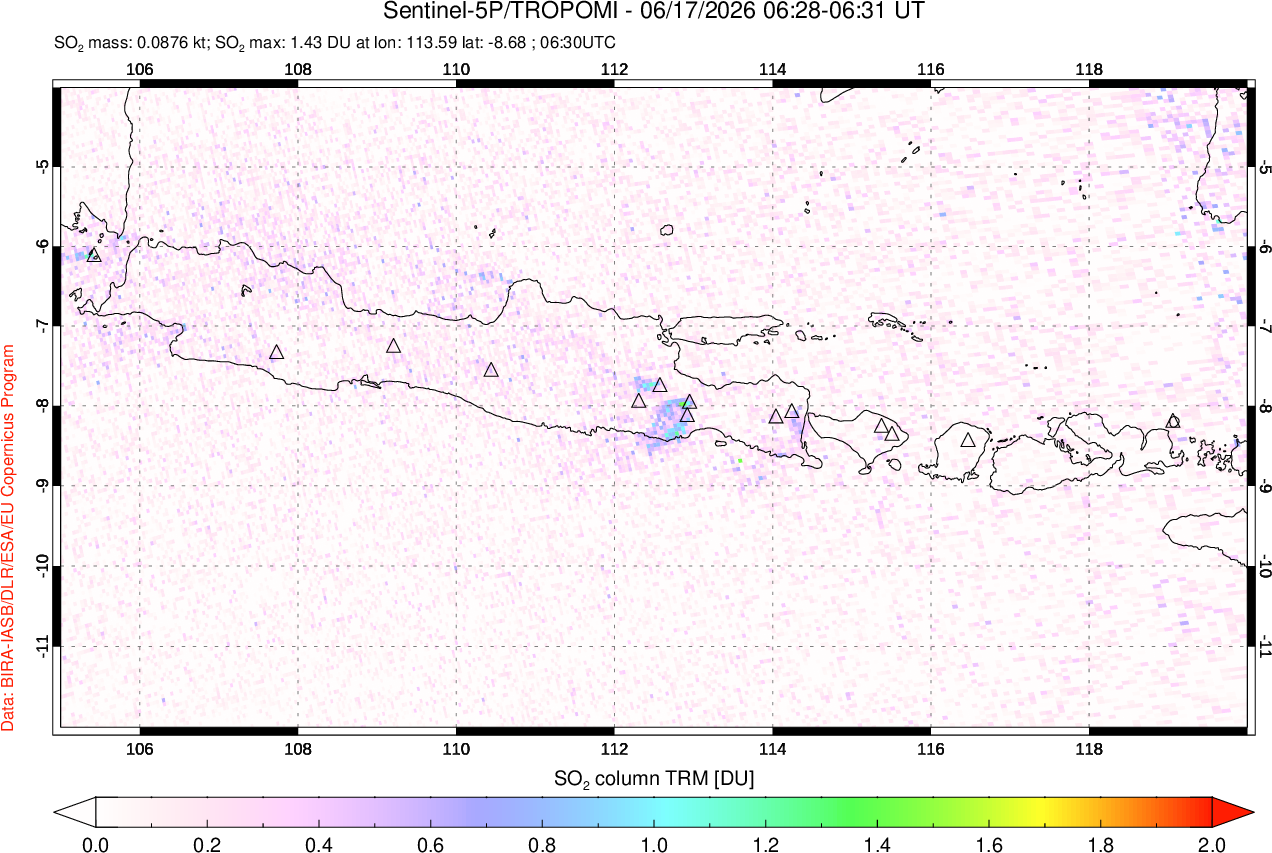 A sulfur dioxide image over Java, Indonesia on Jun 17, 2026.