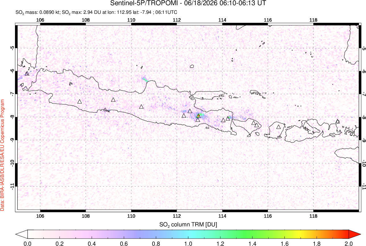 A sulfur dioxide image over Java, Indonesia on Jun 18, 2026.