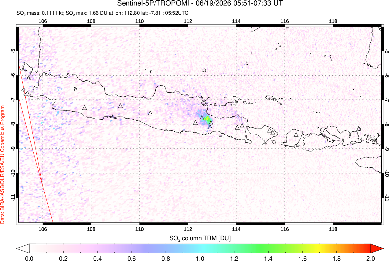 A sulfur dioxide image over Java, Indonesia on Jun 19, 2026.
