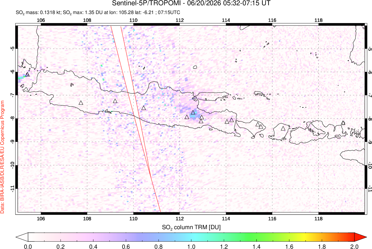 A sulfur dioxide image over Java, Indonesia on Jun 20, 2026.