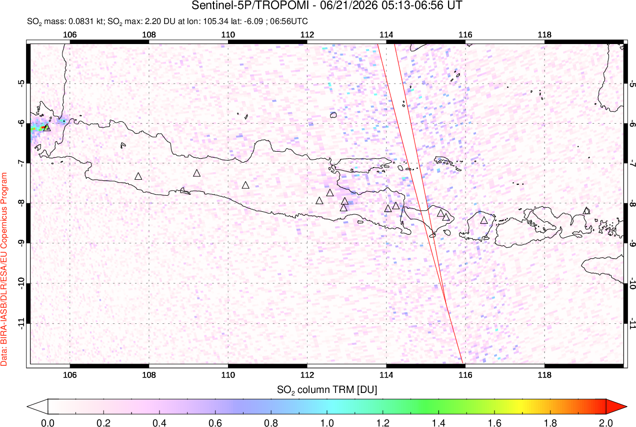 A sulfur dioxide image over Java, Indonesia on Jun 21, 2026.
