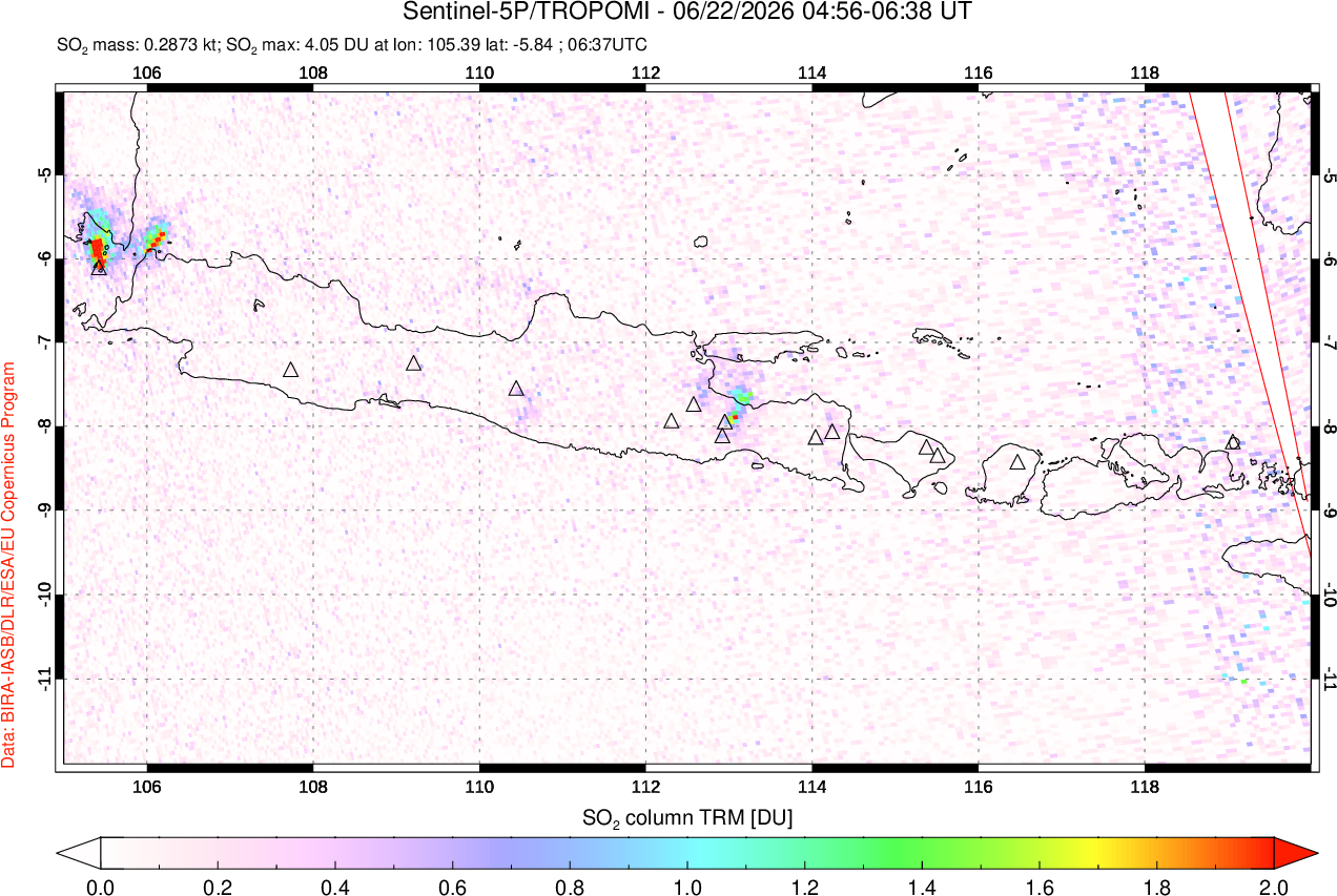 A sulfur dioxide image over Java, Indonesia on Jun 22, 2026.