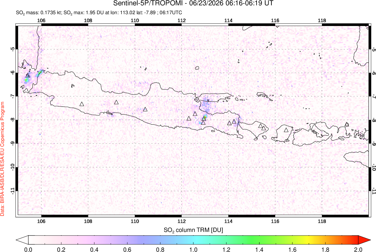A sulfur dioxide image over Java, Indonesia on Jun 23, 2026.