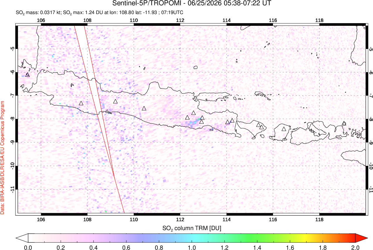 A sulfur dioxide image over Java, Indonesia on Jun 25, 2026.