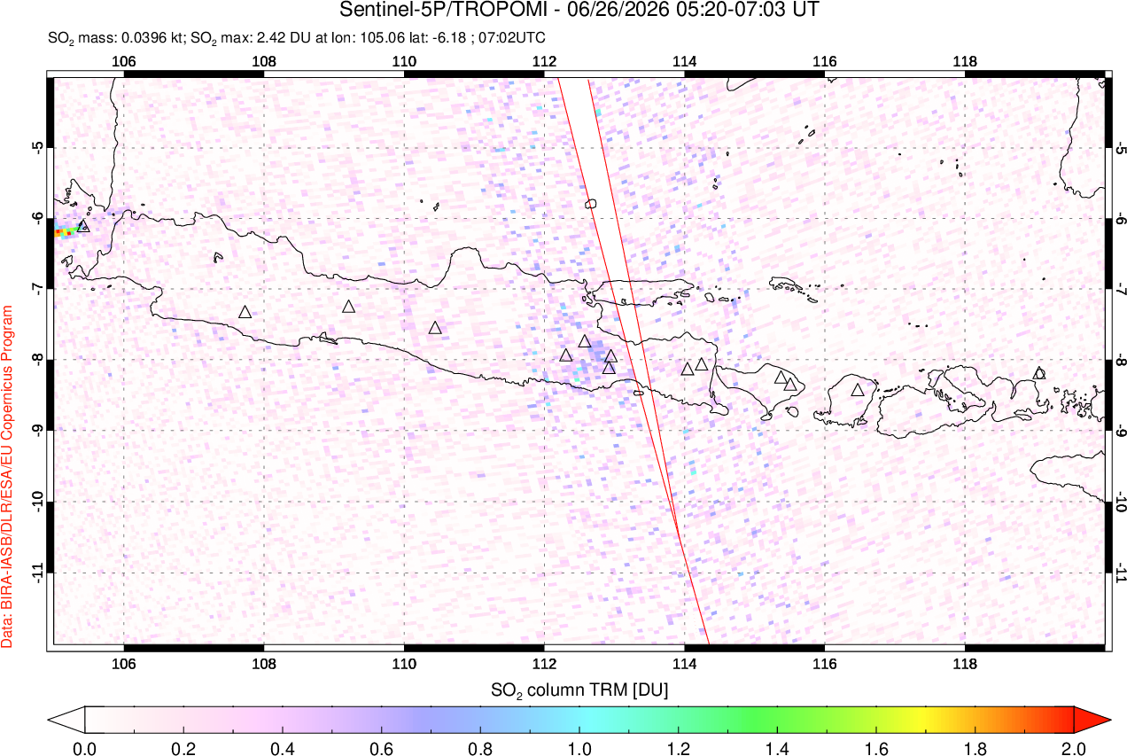 A sulfur dioxide image over Java, Indonesia on Jun 26, 2026.