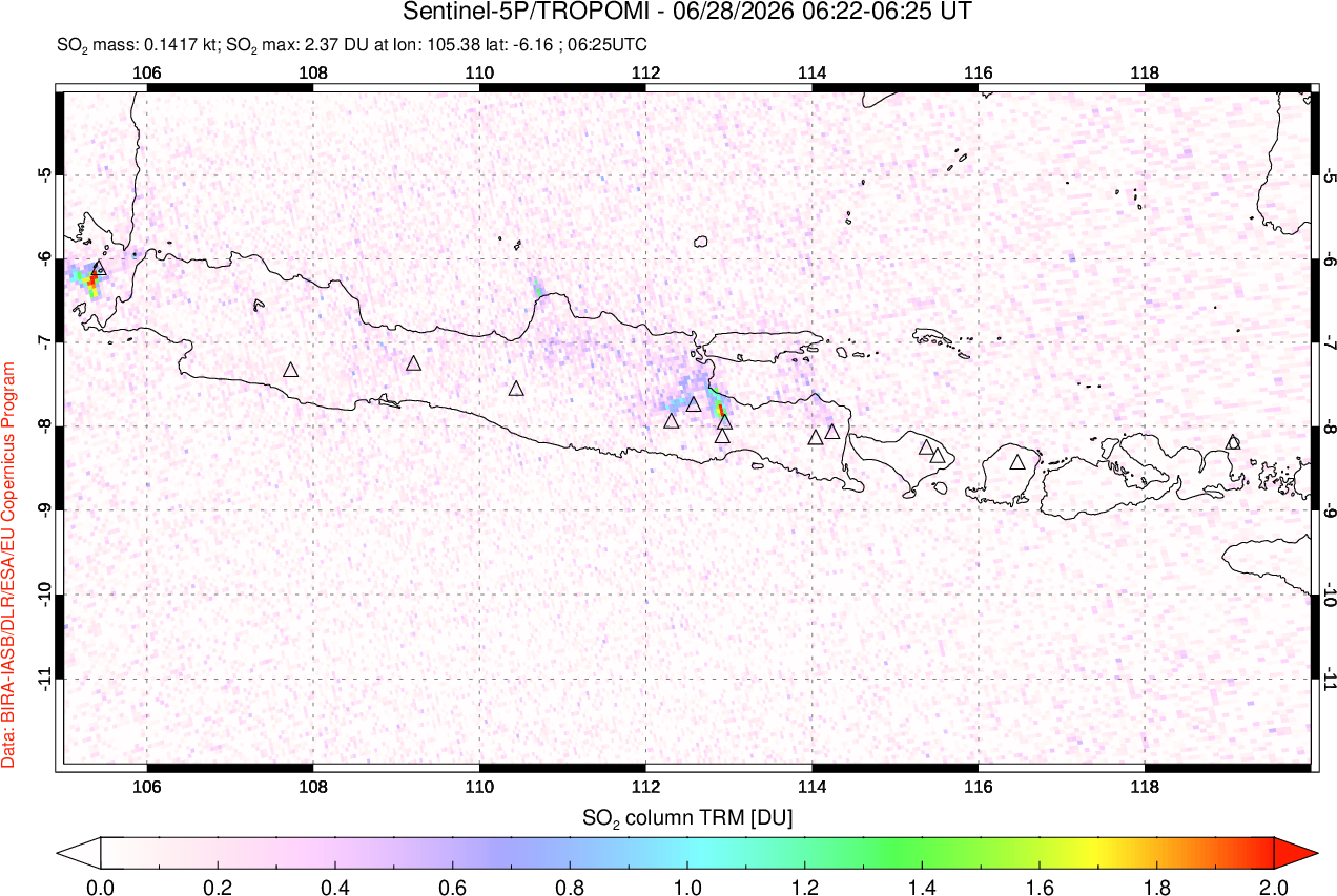 A sulfur dioxide image over Java, Indonesia on Jun 28, 2026.